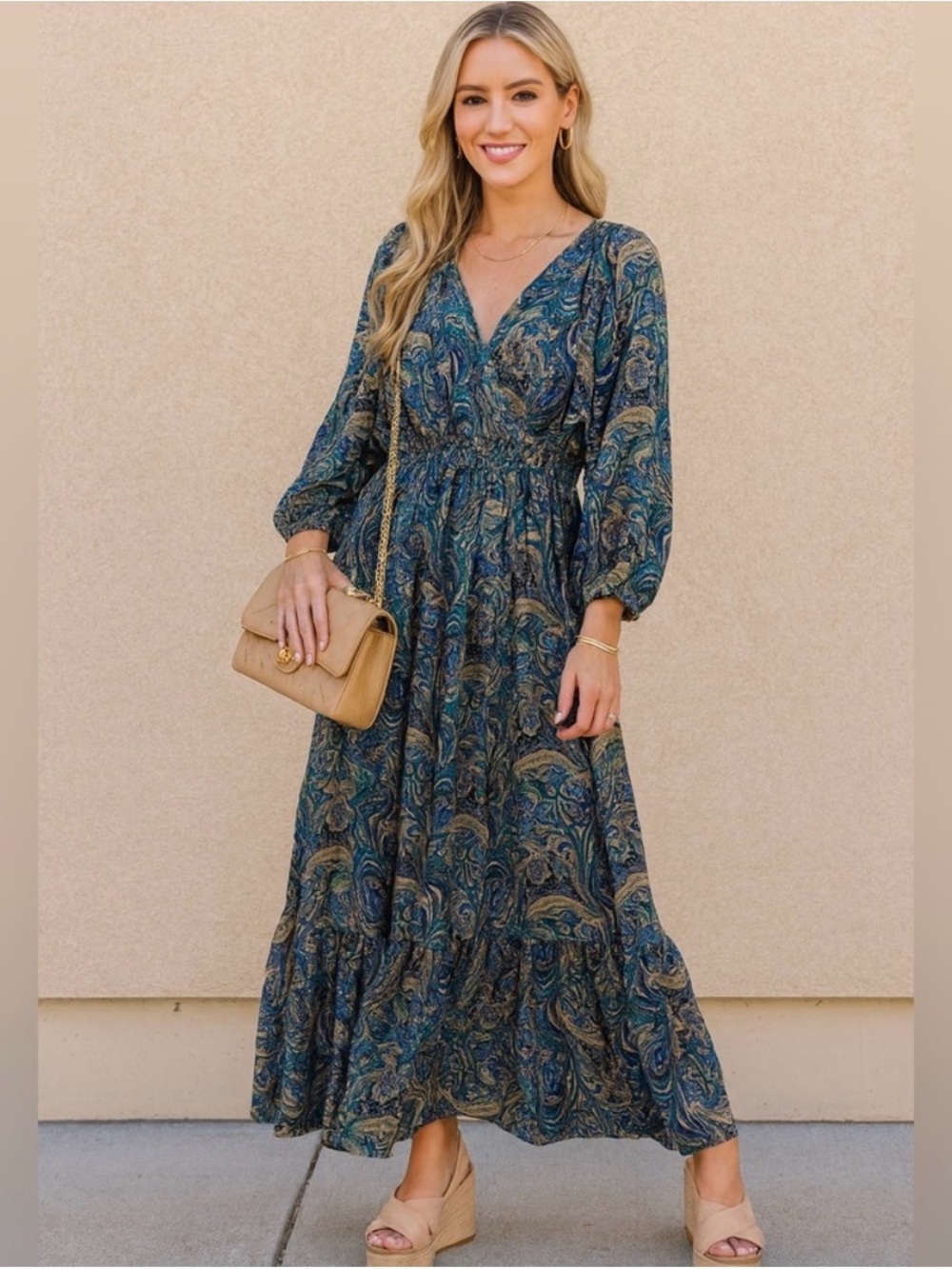 Anthropologie x Boemo - Green & Blue Paisley Long Sleeve Dress